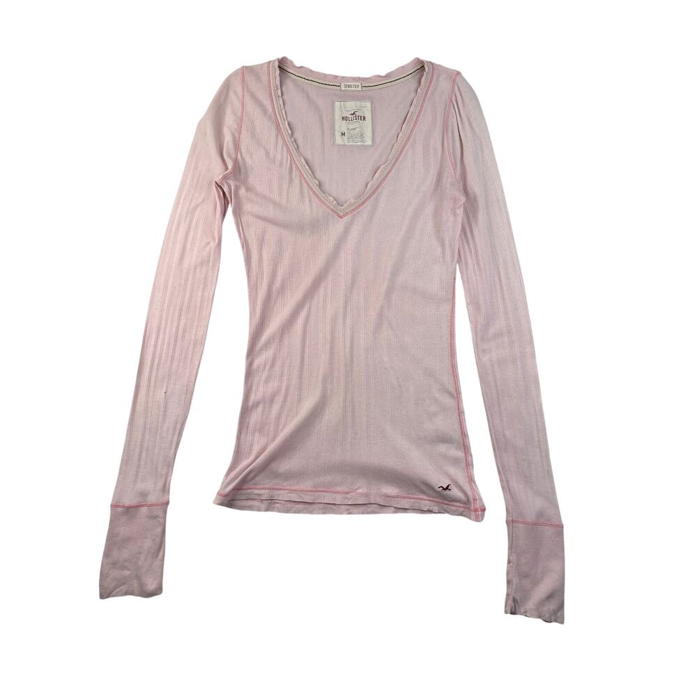 Vintage y2k Hollister Ribbed V Neck Long Sleeve Pink Top Bella Swan Medium